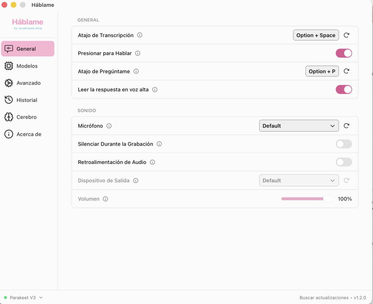 Háblame General settings with the Ask shortcut set to Option+P and the Read the answer out loud toggle enabled