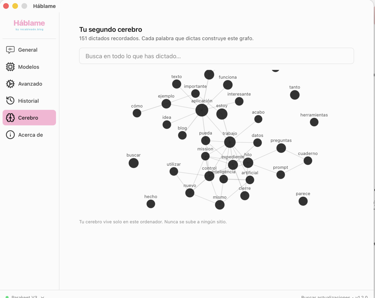 Háblame Brain tab: search box and graph of the dictated words, with the note that it lives only on the computer