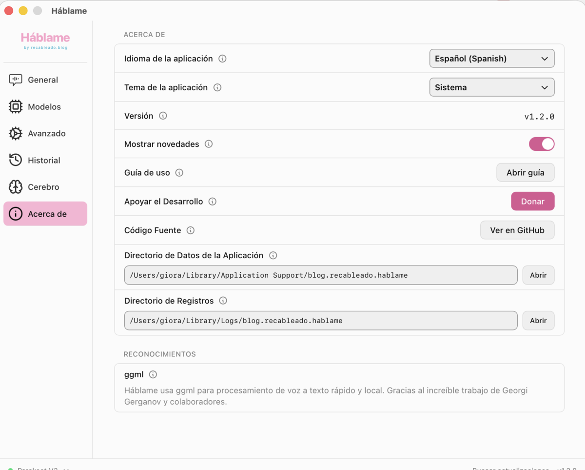 Pestaña Acerca de de Háblame mostrando el idioma, el tema, la versión, el botón Abrir guía y el botón Ver en GitHub